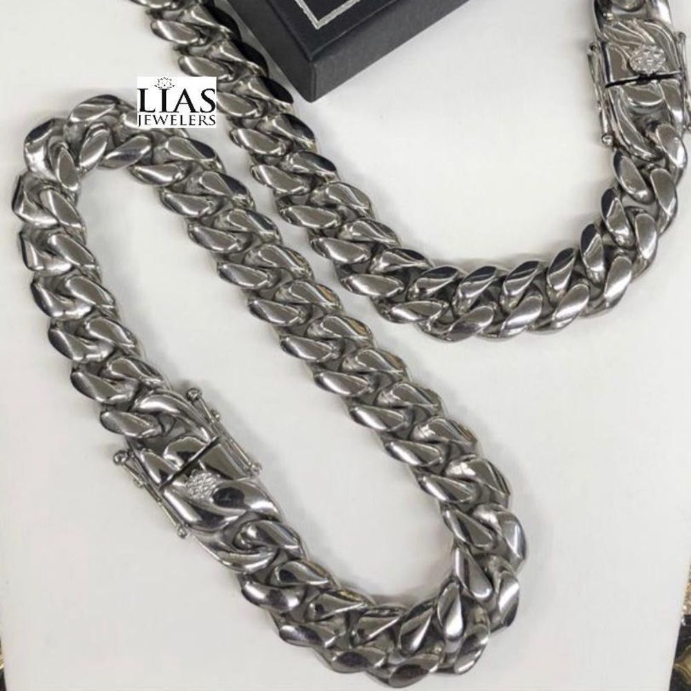 New 18k white gold filled Cuban link chain and bracelet set